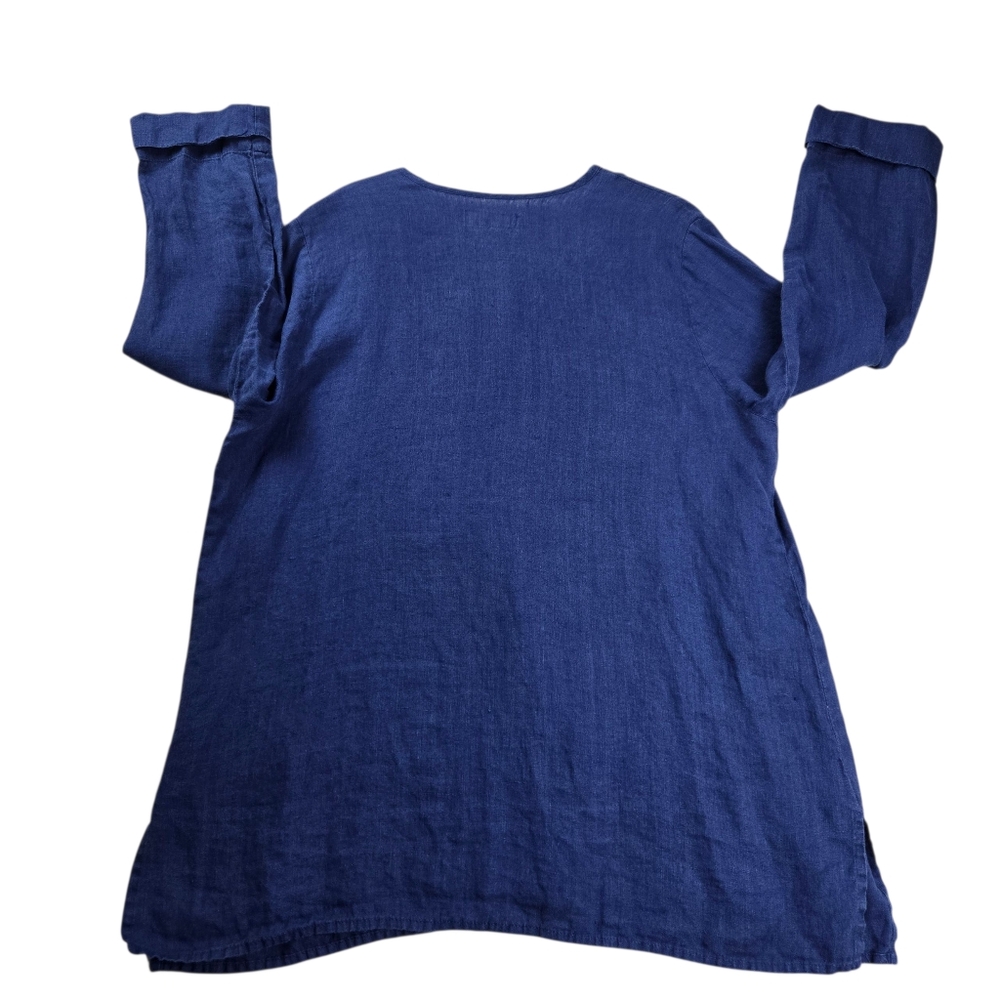 FLAX Medium Blue 100% Linen‎ V-Neck Button-Front Long Oversized Tunic Top - Picture 3 of 16
